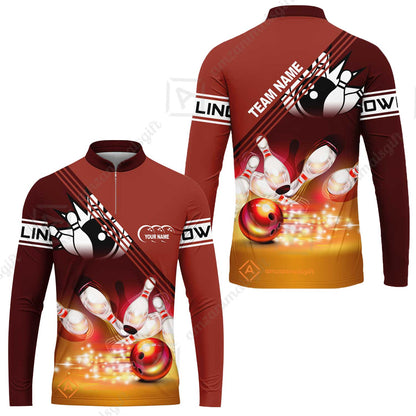 Customized Bowling Jersey Shirt, Red Bowling Ball Crashing into the Pins Personalized Name Team Name Logo Polo Shirts for Tom Taylor