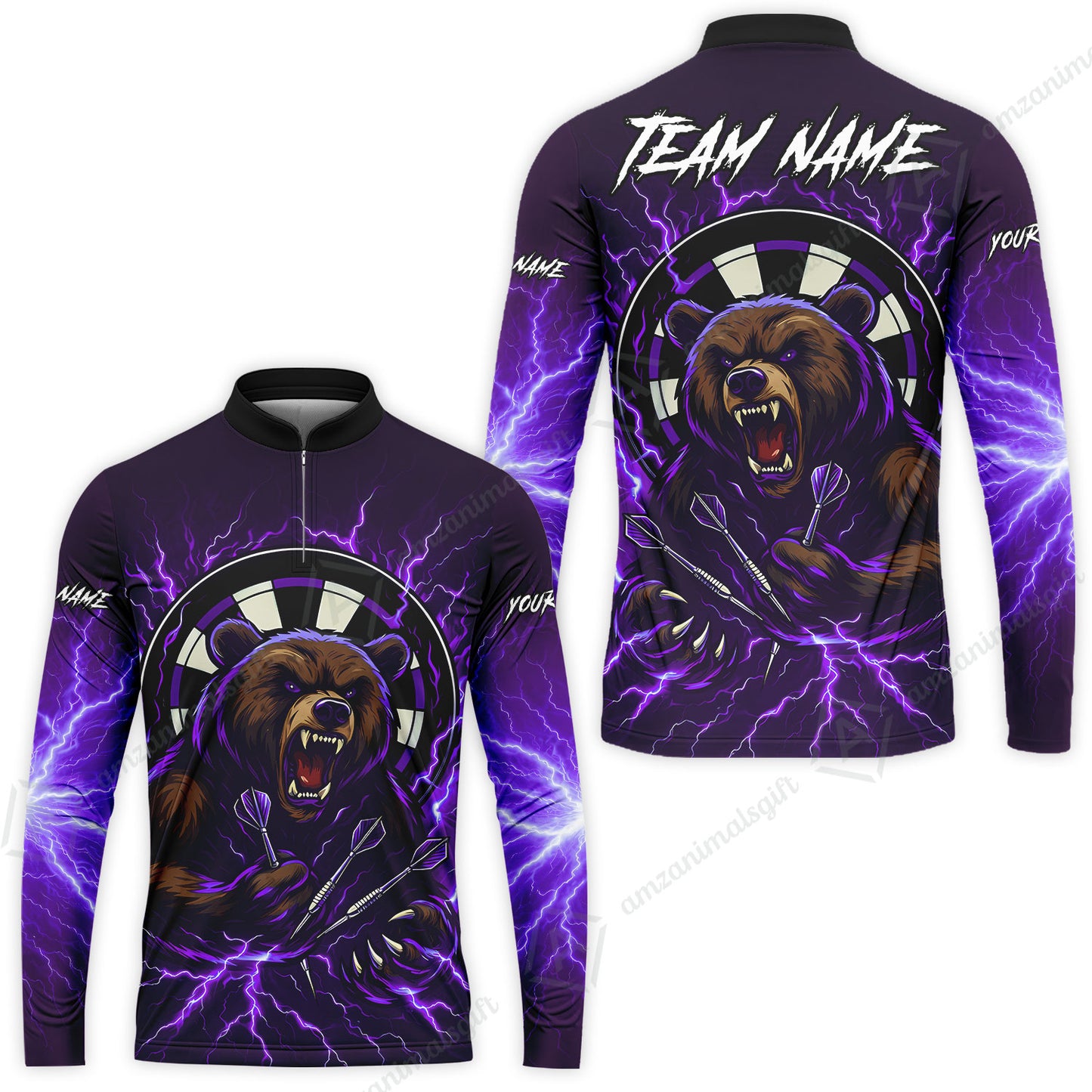 Custom Darts Team Long Sleeve Polo Shirt, Personalized Bear Thunder Lightning Darts Shirt with Name & Team Name