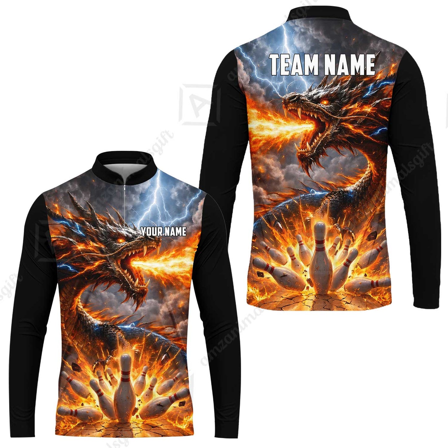 Customized Blazing Fire Dragon & Thunder Strike Bowling Jersey, Custom Name And Team Name For Bowlers