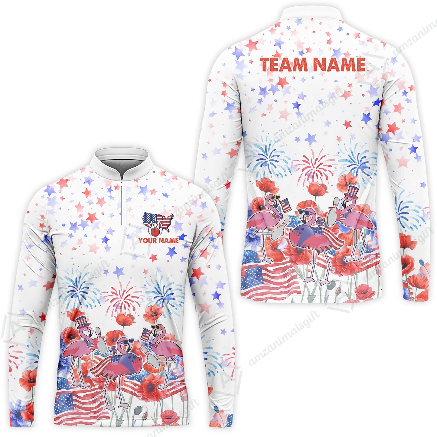 Custom Bowling Jersey Polo Shirt, 4th of July Flamingo Bowling, Custom Bowling Jersey Team Shirt For Players With Name & Team Name