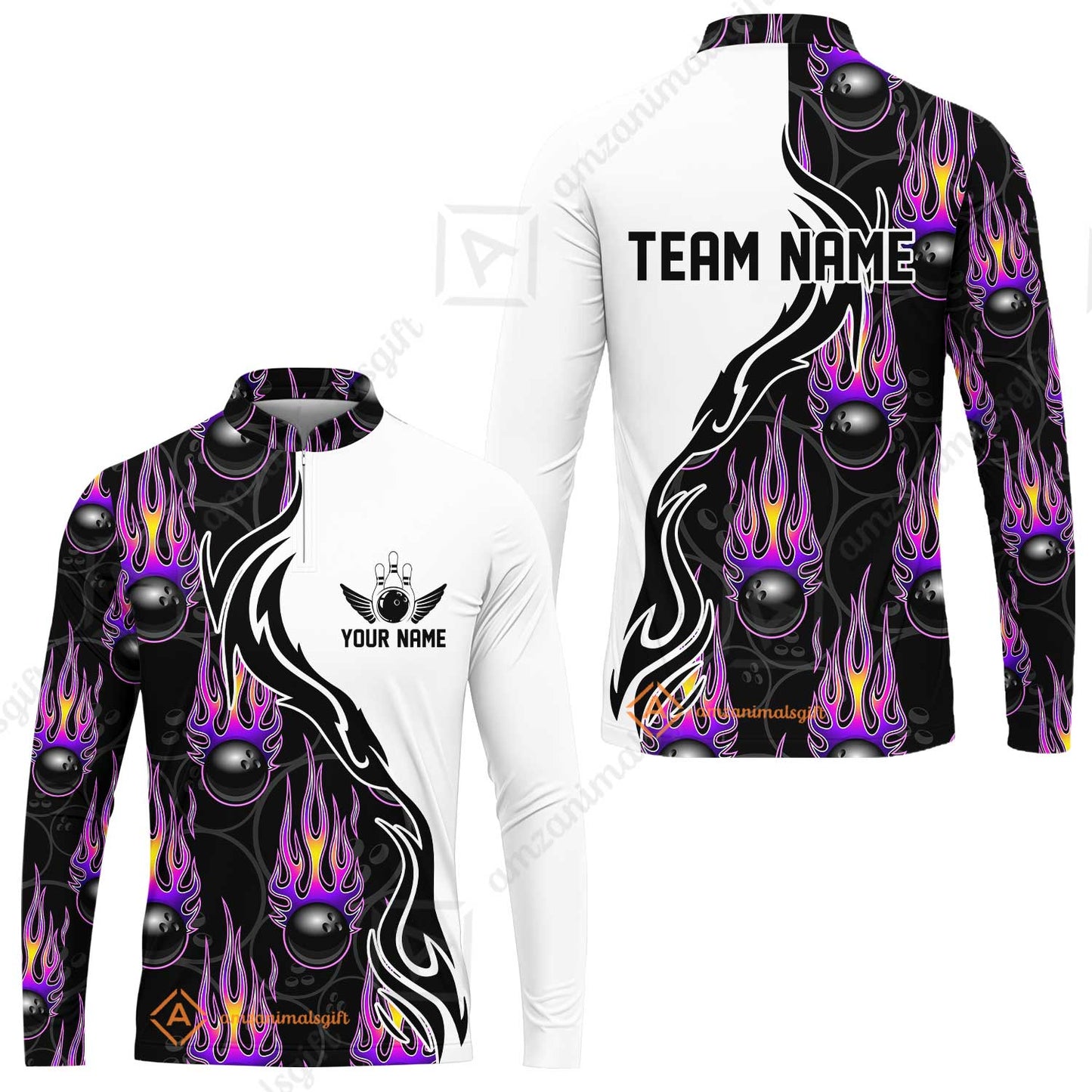 Customized Bowling Quarter-Zip Stand Collar Jersey Shirt, Bowling Ball With Fire Pattern Shirt For Team Men Women Bowler