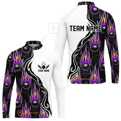 Customized Bowling Quarter-Zip Stand Collar Jersey Shirt, Bowling Ball With Fire Pattern Shirt For Team Men Women Bowler