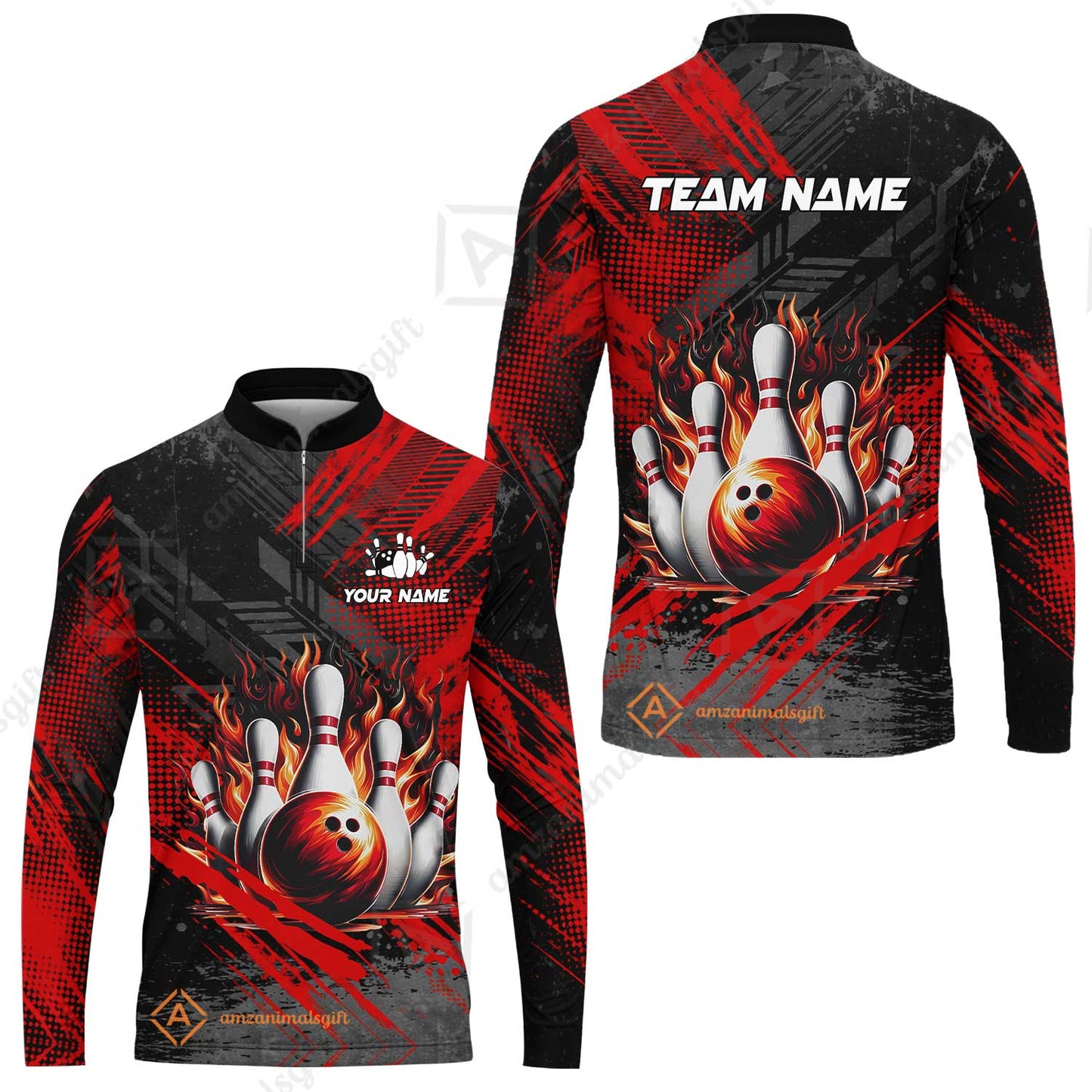 Custom Bowling Team Quarter-Zip Polo Shirt, Personalized Flame Bowling Jersey with Name & Team Name for Men & Women