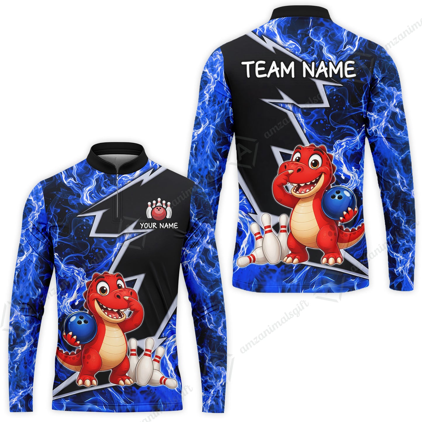 Custom Bowling Jersey Polo Shirt, Fire Lightning Dino Strike, Custom Bowling Jersey Team Shirt For Players With Name and Team Name