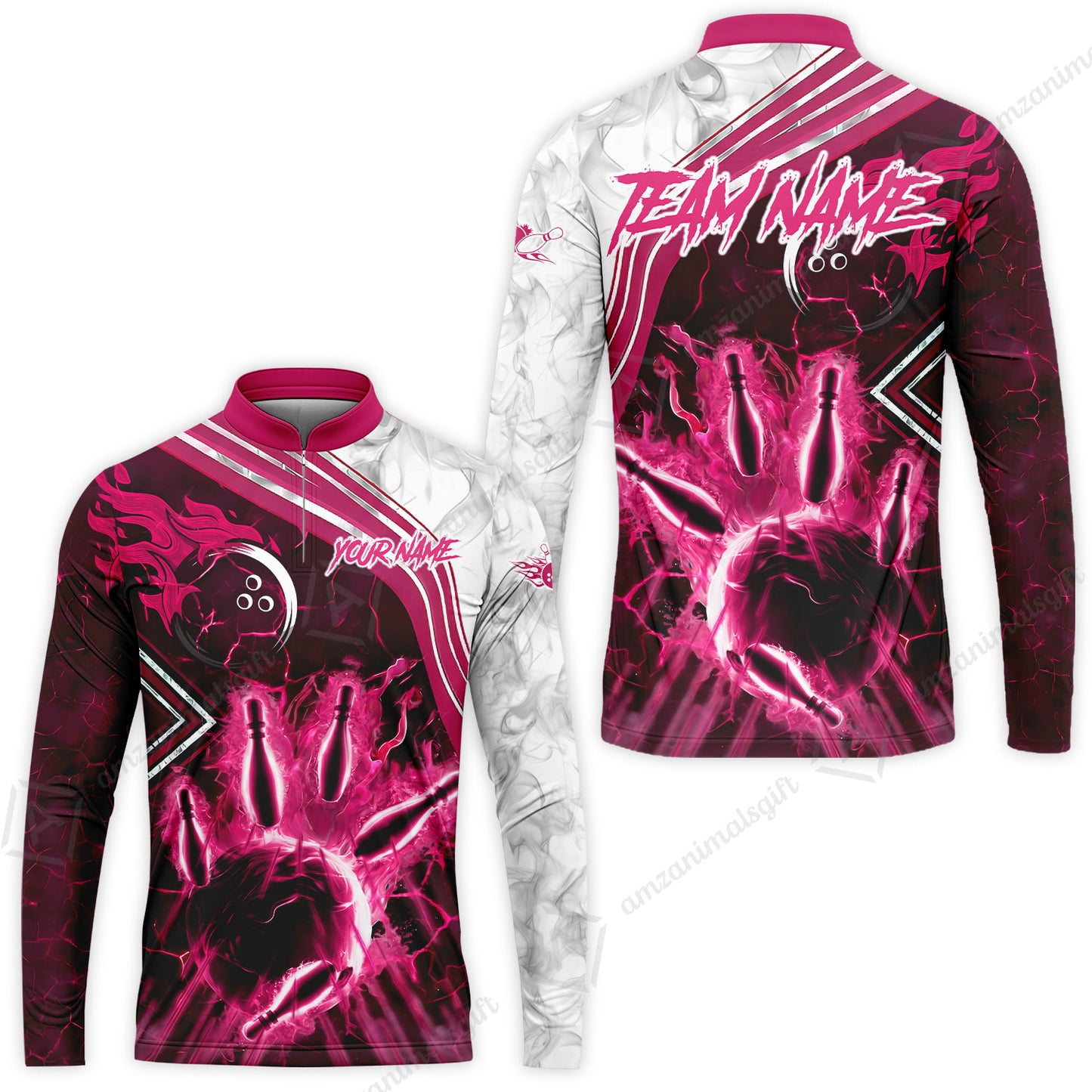 Customized Bowling Unisex Polo Shirt, Fire & Smoke Bowling Pins, Bowling Uniform - Personalized Name And Team Name