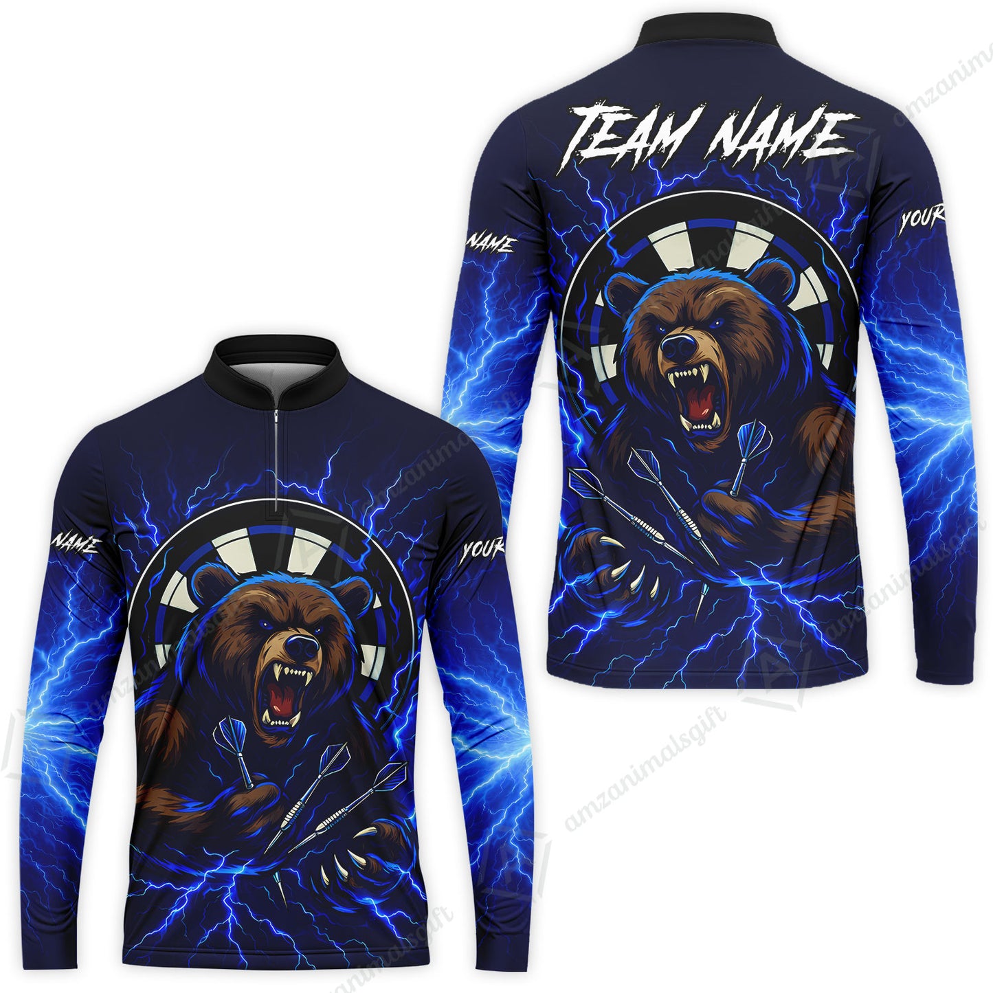 Custom Darts Team Long Sleeve Polo Shirt, Personalized Bear Thunder Lightning Darts Shirt with Name & Team Name