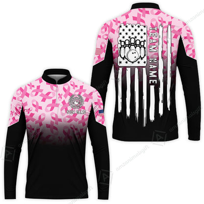 Custom Bowling Jersey Polo Shirt, Ribbon Breast Cancer Awareness Flag, Custom Bowling Jersey Team Shirt For Players With Name and Team Name