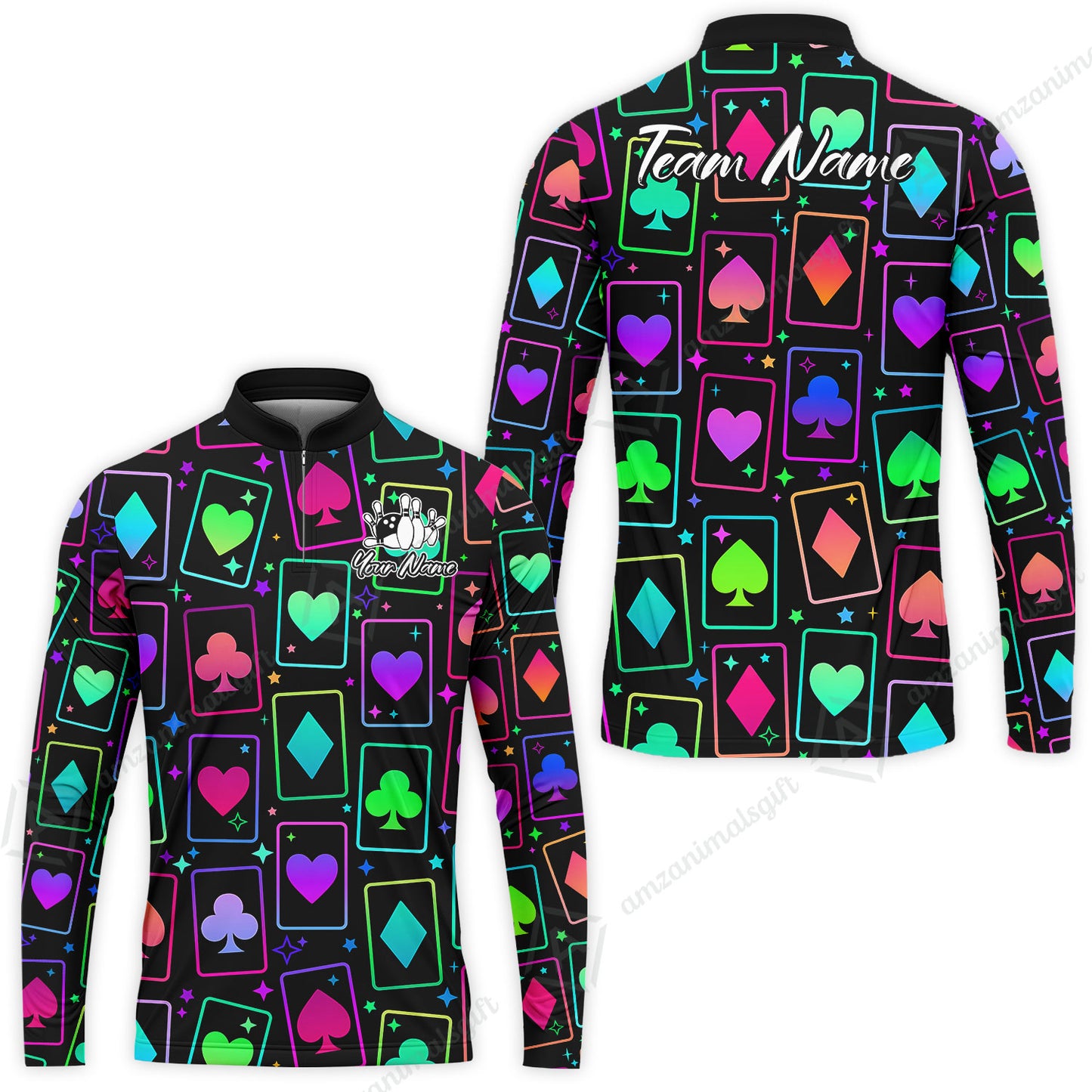 Custom Bowling Jersey Polo Shirt, Cards Neon Bowling, Custom Bowling Jersey Team Shirt For Players With Name and Team Name