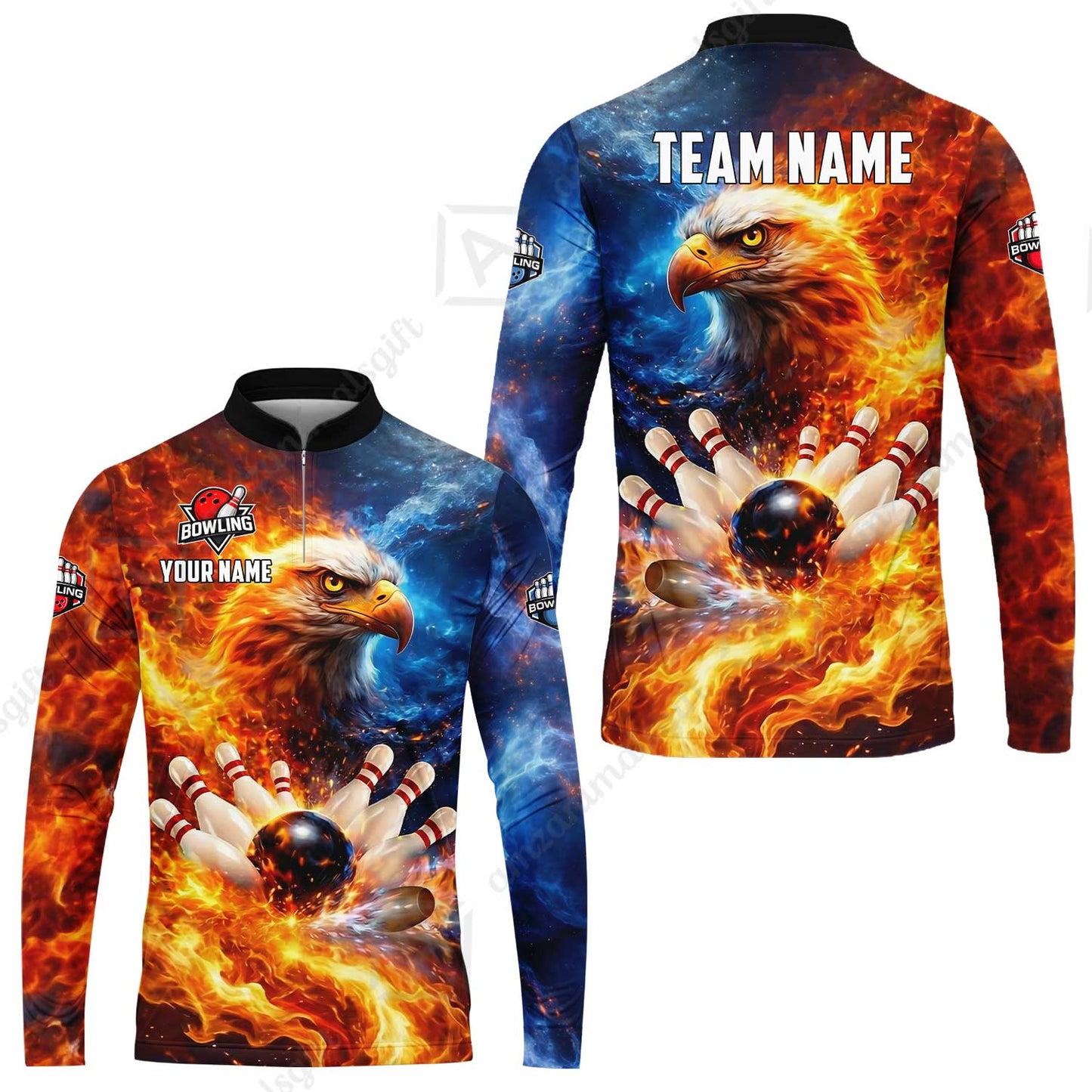 Custom Bald Eagle and Fire Bowling Jersey Polo Shirt, Custom Bald Eagle and Fire Bowling Jersey Team Shirt For Players With Name & Team Name
