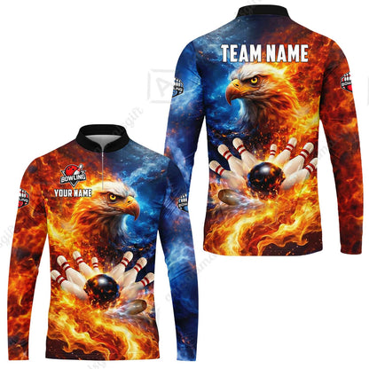 Custom Bald Eagle and Fire Bowling Jersey Polo Shirt, Custom Bald Eagle and Fire Bowling Jersey Team Shirt For Players With Name & Team Name