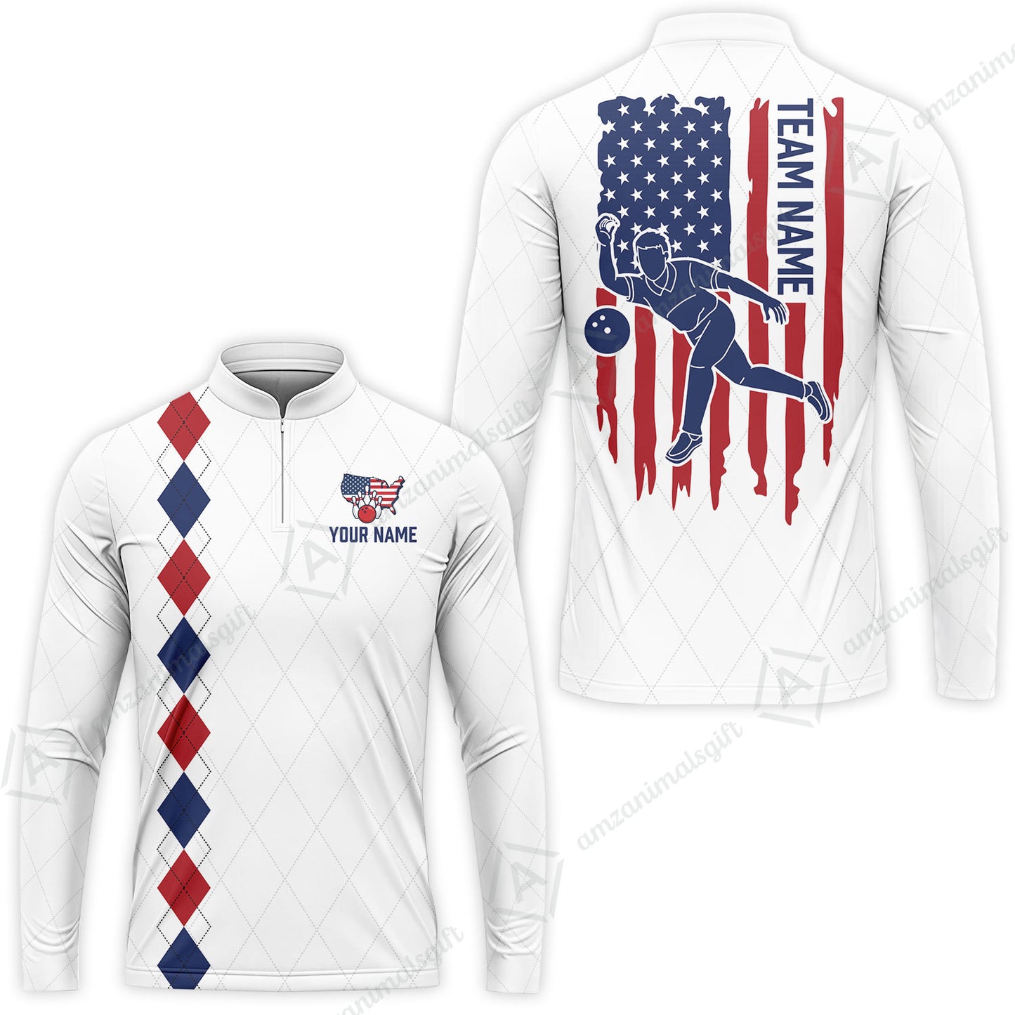 Custom Bowling Jersey Polo Shirt, Patriotic Argyle USA Flag Bowler, Custom Bowling Jersey Team Shirt For Players With Name & Team Name