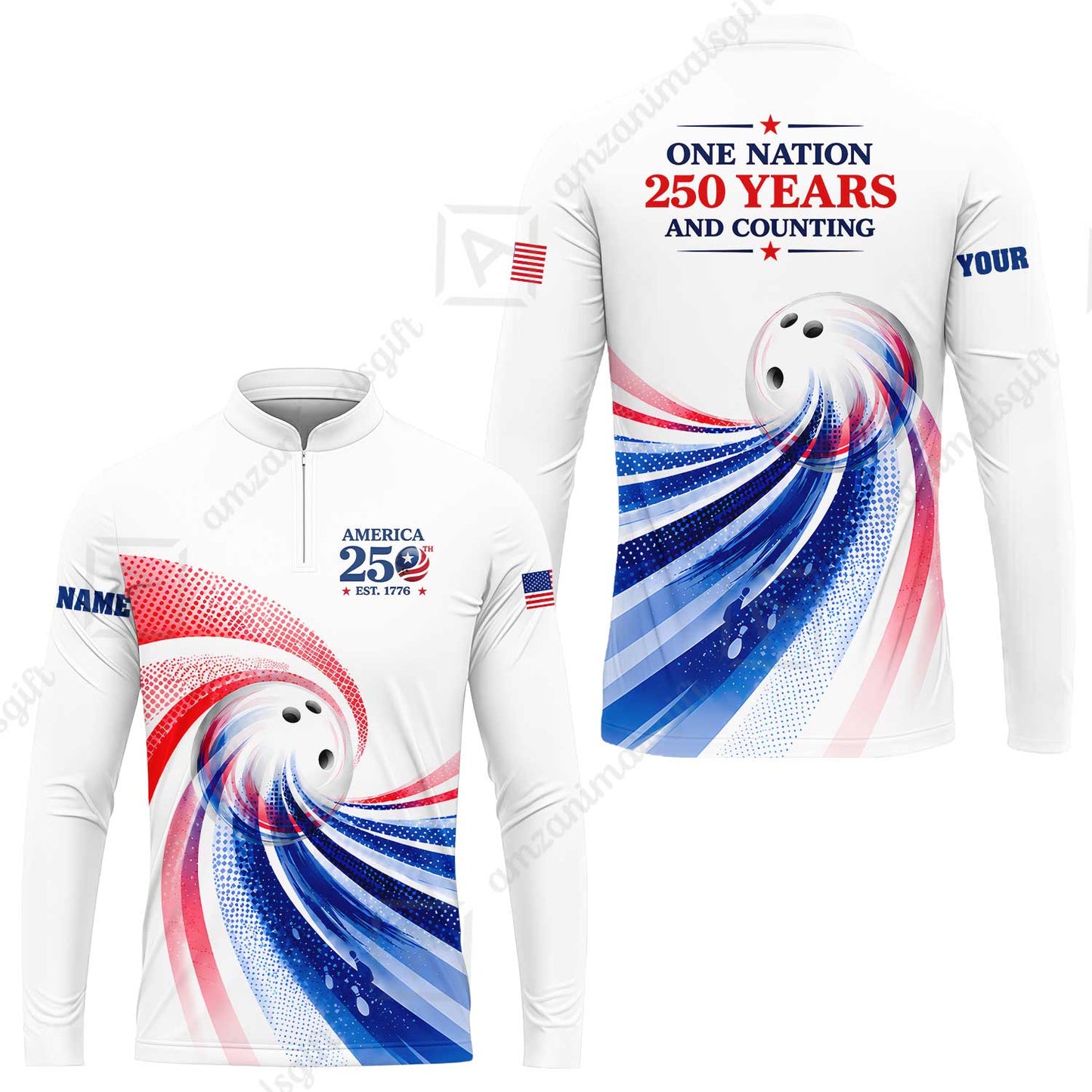 Custom Bowling Jersey Polo Shirt, One Nation 250 Years And Counting, Personalize Name and Team Name