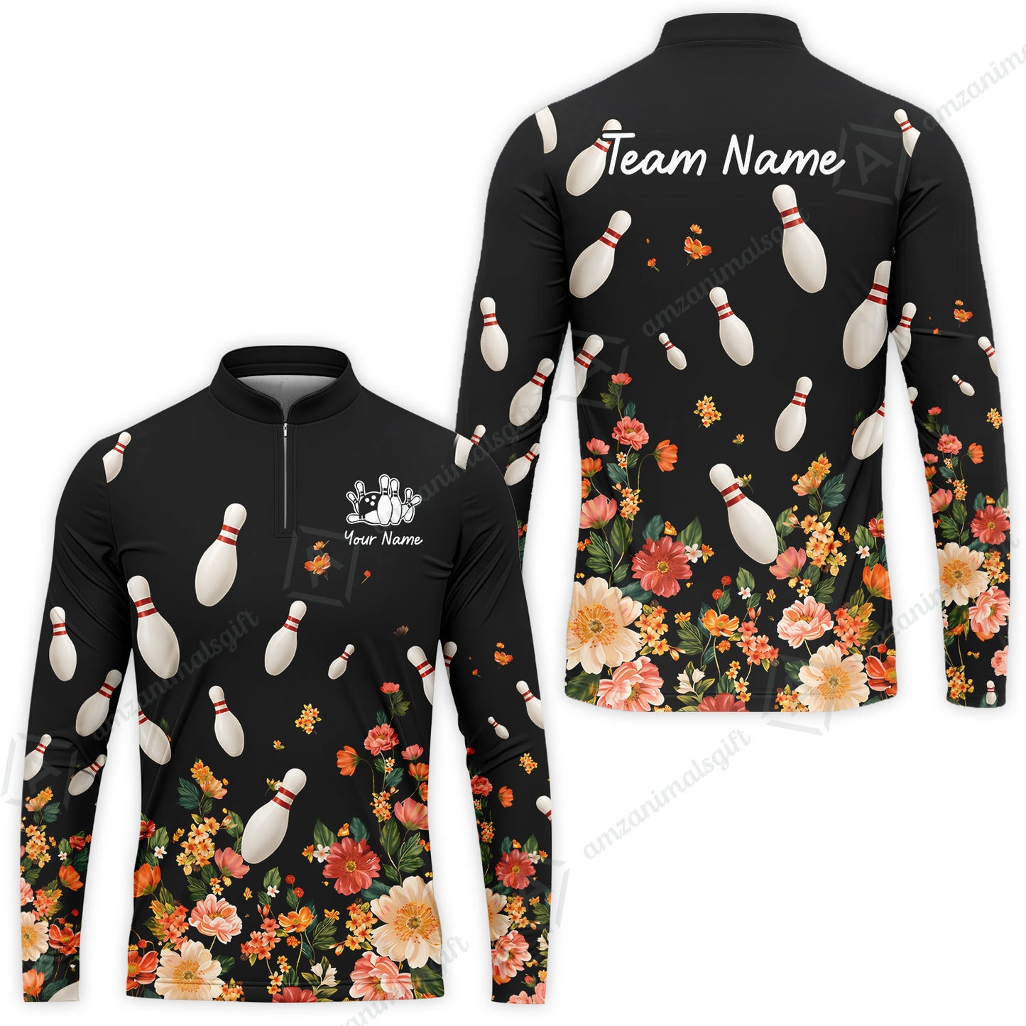 Custom Bowling Quarter Zip Polo Shirt, Floral Bowling, Custom Bowling Quarter Zip Polo Team Shirt For Players With Name & Team Name