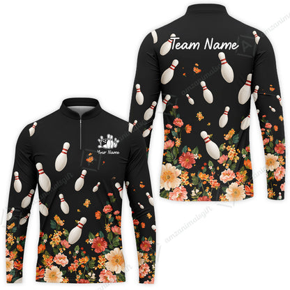 Custom Bowling Quarter Zip Polo Shirt, Floral Bowling, Custom Bowling Quarter Zip Polo Team Shirt For Players With Name & Team Name
