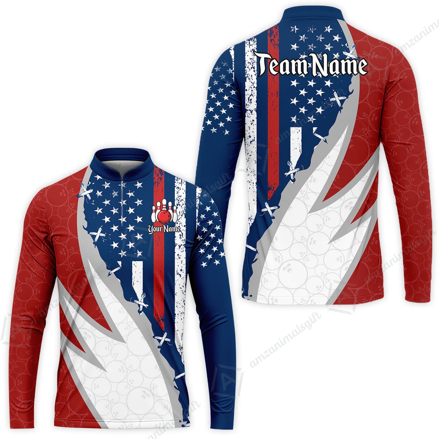 Custom Bowling Jersey Polo Shirt, Thin Red Line With Vintage Distressed American Flag, Personalize Name and Team Name
