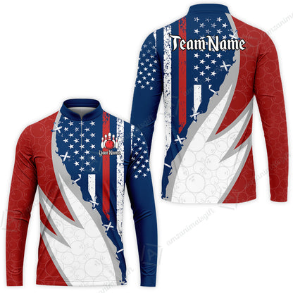 Custom Bowling Jersey Polo Shirt, Thin Red Line With Vintage Distressed American Flag, Personalize Name and Team Name