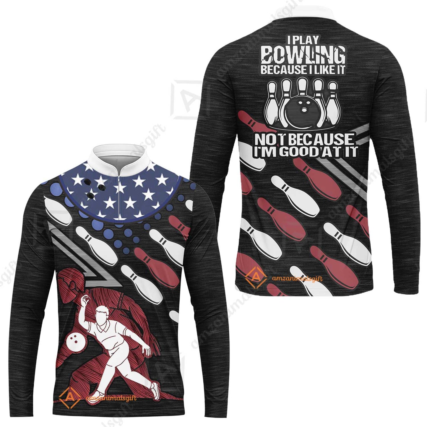 Customized Bowling Polo Shirt - I Play Bowling Because I Like It , American Flag Bowling Team Jersey Polo Shirts - Bowling Team Uniforms Jerseys