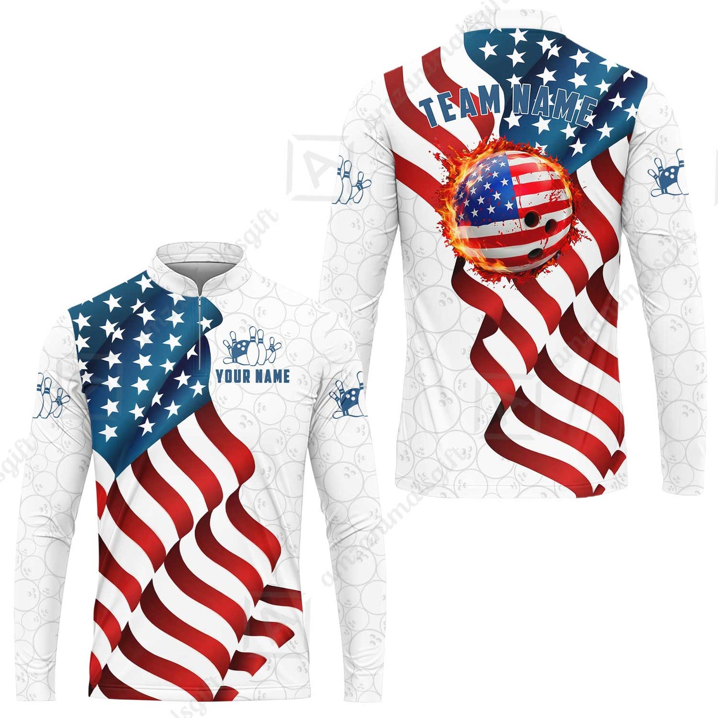 Custom Bowling Jersey Polo Shirt, Patriotic Waving USA Flag Fireball, Custom Bowling Jersey Team Shirt For Players With Name and Team Name