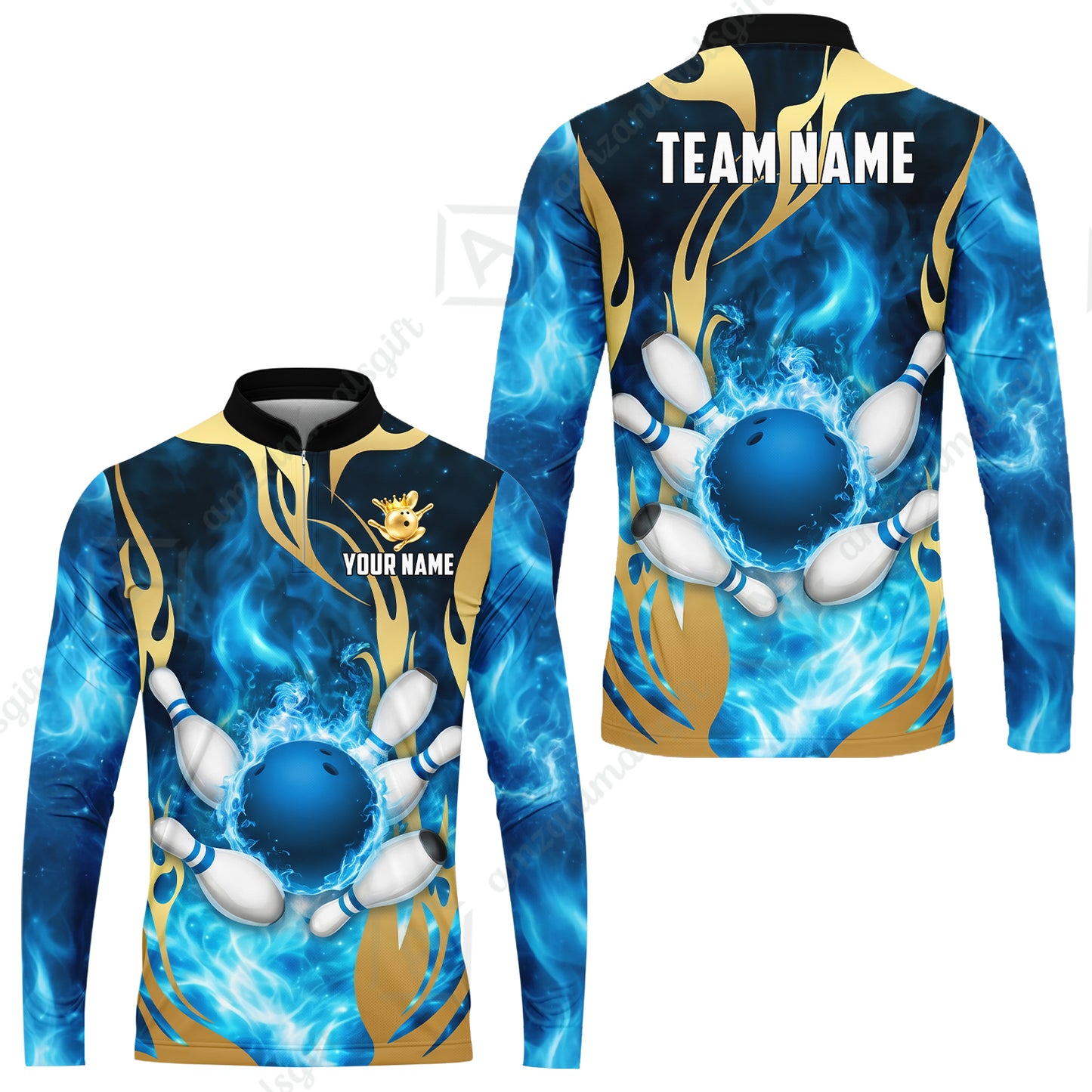 Custom Bowling Jersey Polo Shirt, Abyssal Fire & Golden Flames, Custom Bowling Jersey Team Shirt For Players With Name & Team Name