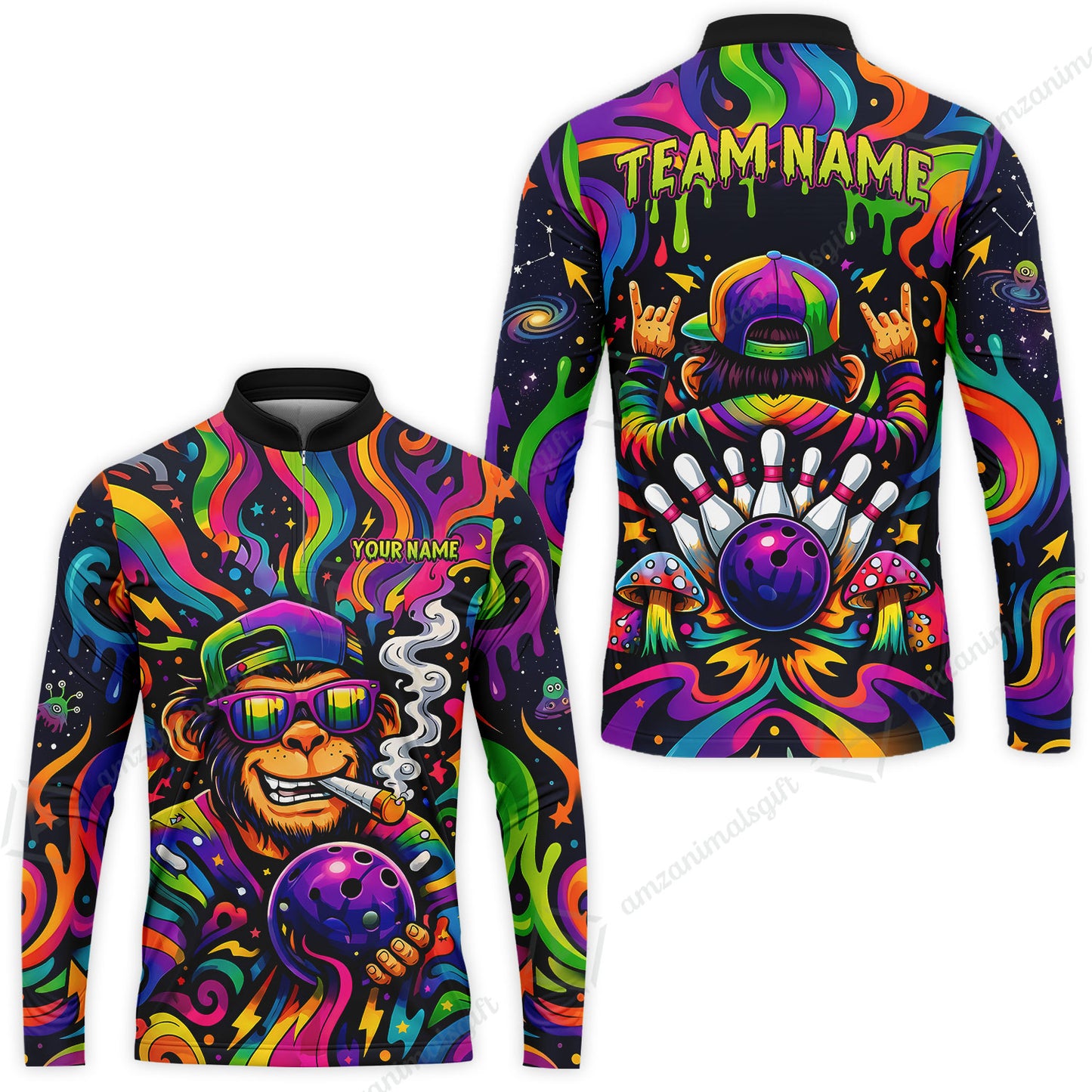 Custom Bowling Jersey Polo Shirt, Psychedelic Trippy Smoking Chimp, Custom Bowling Jersey Team Shirt For Players With Name and Team Name