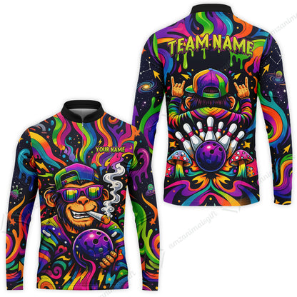 Custom Bowling Jersey Polo Shirt, Psychedelic Trippy Smoking Chimp, Custom Bowling Jersey Team Shirt For Players With Name and Team Name