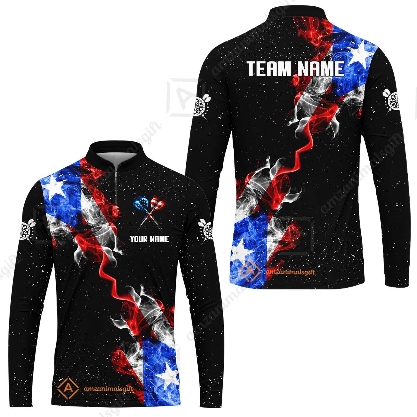 Customized American Flag Darts Stand Collar Quater-Zip, Darts Smoke USA Flag Team Style Jersey Polo Shirt, Outfit for Darts Players
