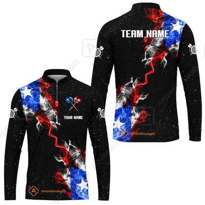 Customized American Flag Darts Stand Collar Quater-Zip, Darts Smoke USA Flag Team Style Jersey Polo Shirt, Outfit for Darts Players