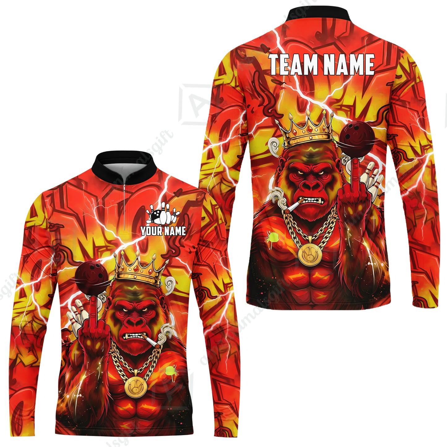 Custom Bowling Jersey Polo Shirt, Rebellious Gorilla King & Street Graffiti, Custom Bowling Jersey Team Shirt For Players With Name & Team Name