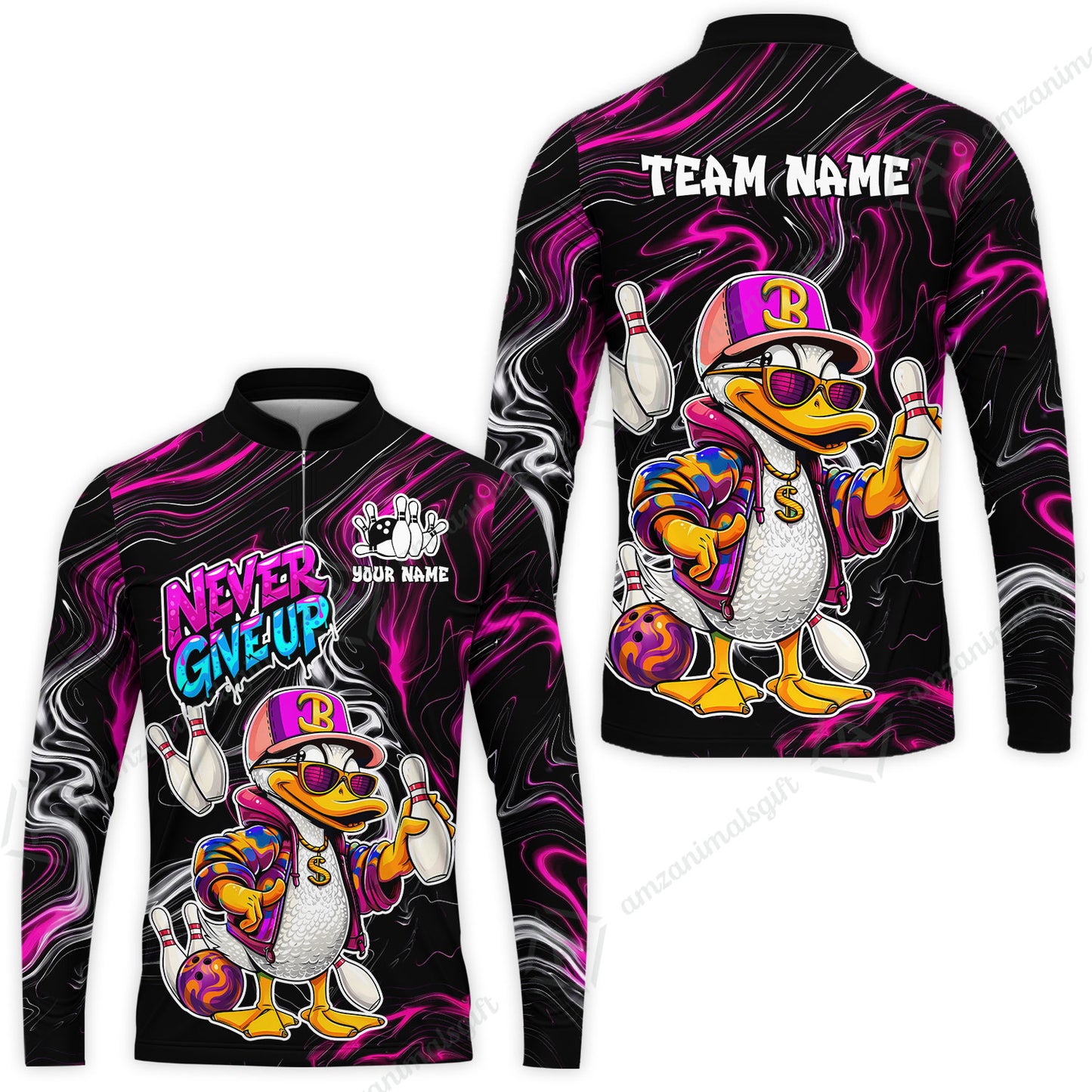 Custom Bowling Jersey Polo Shirt, Duck Never Give Up, Custom Bowling Jersey Team Shirt For Players With Name & Team Name