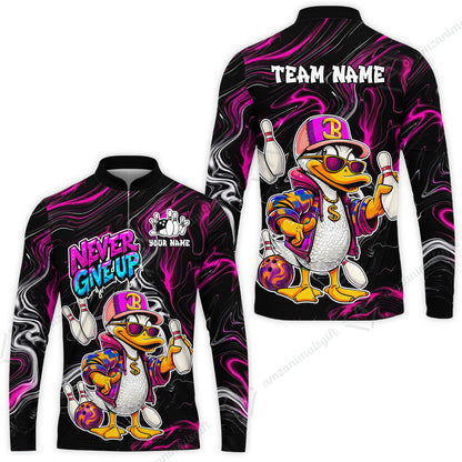 Custom Bowling Jersey Polo Shirt, Duck Never Give Up, Custom Bowling Jersey Team Shirt For Players With Name & Team Name