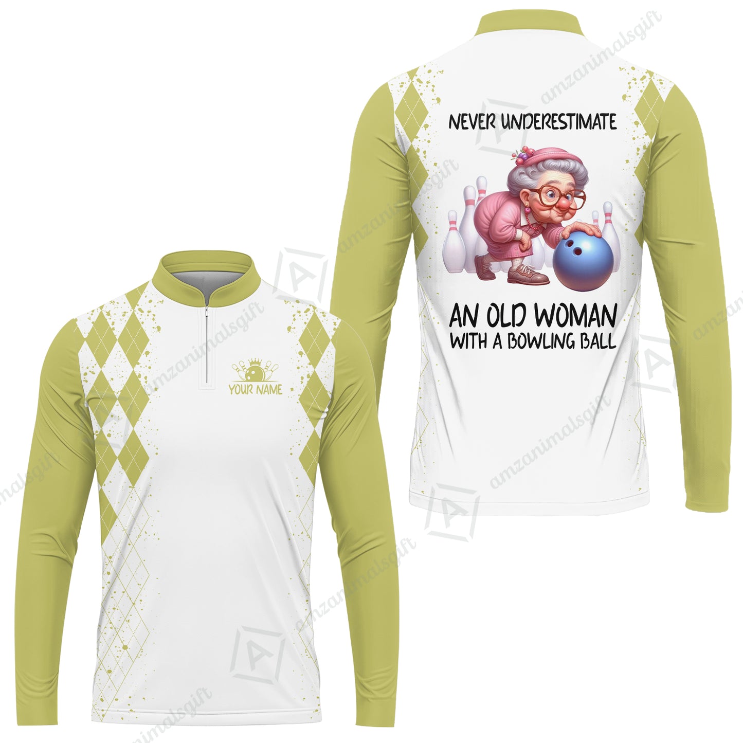 Custom Bowling Jersey Polo Shirt, Never Underestimate An Old Woman With A Bowling Ball, Personalized Name & Team Name