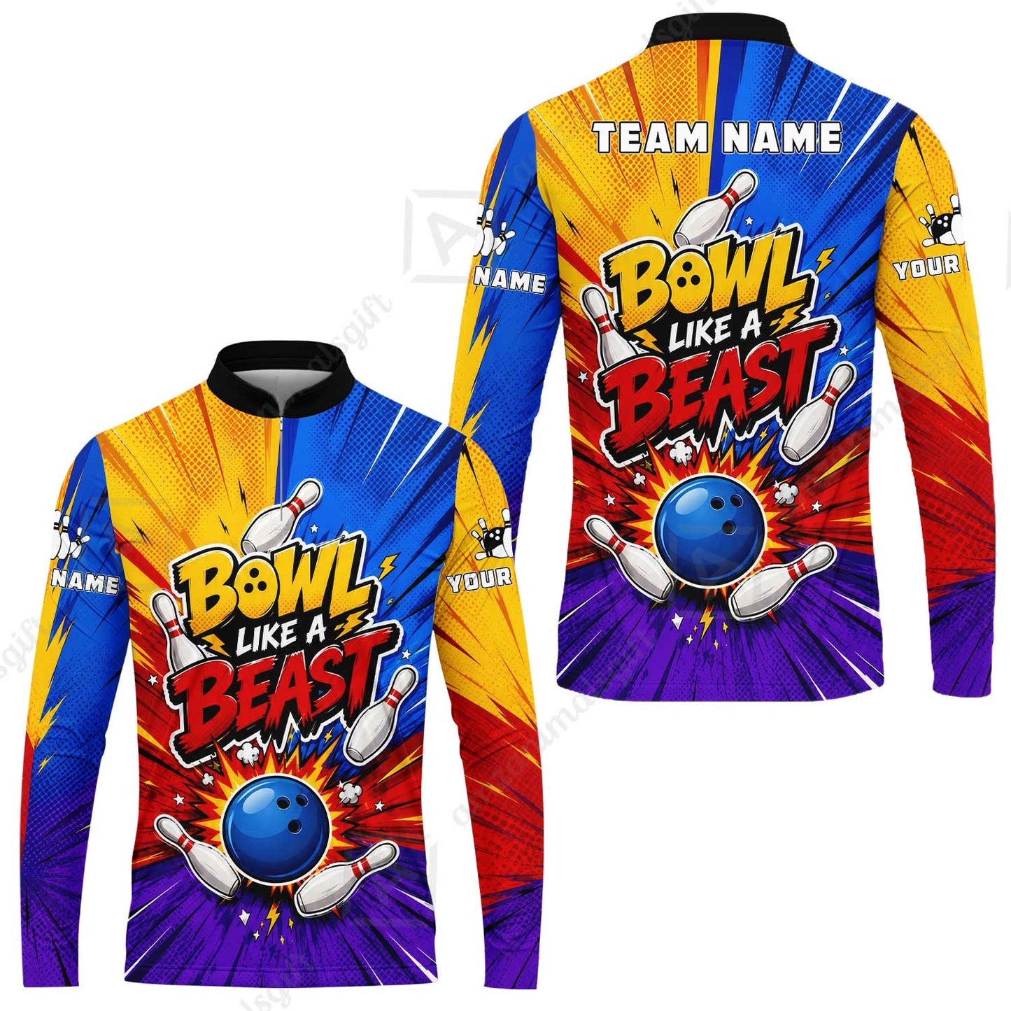 Custom Bowling Jersey Polo Shirt, Comic Pop Art Beast Mode Blast, Custom Bowling Jersey Team Shirt For Players With Name and Team Name