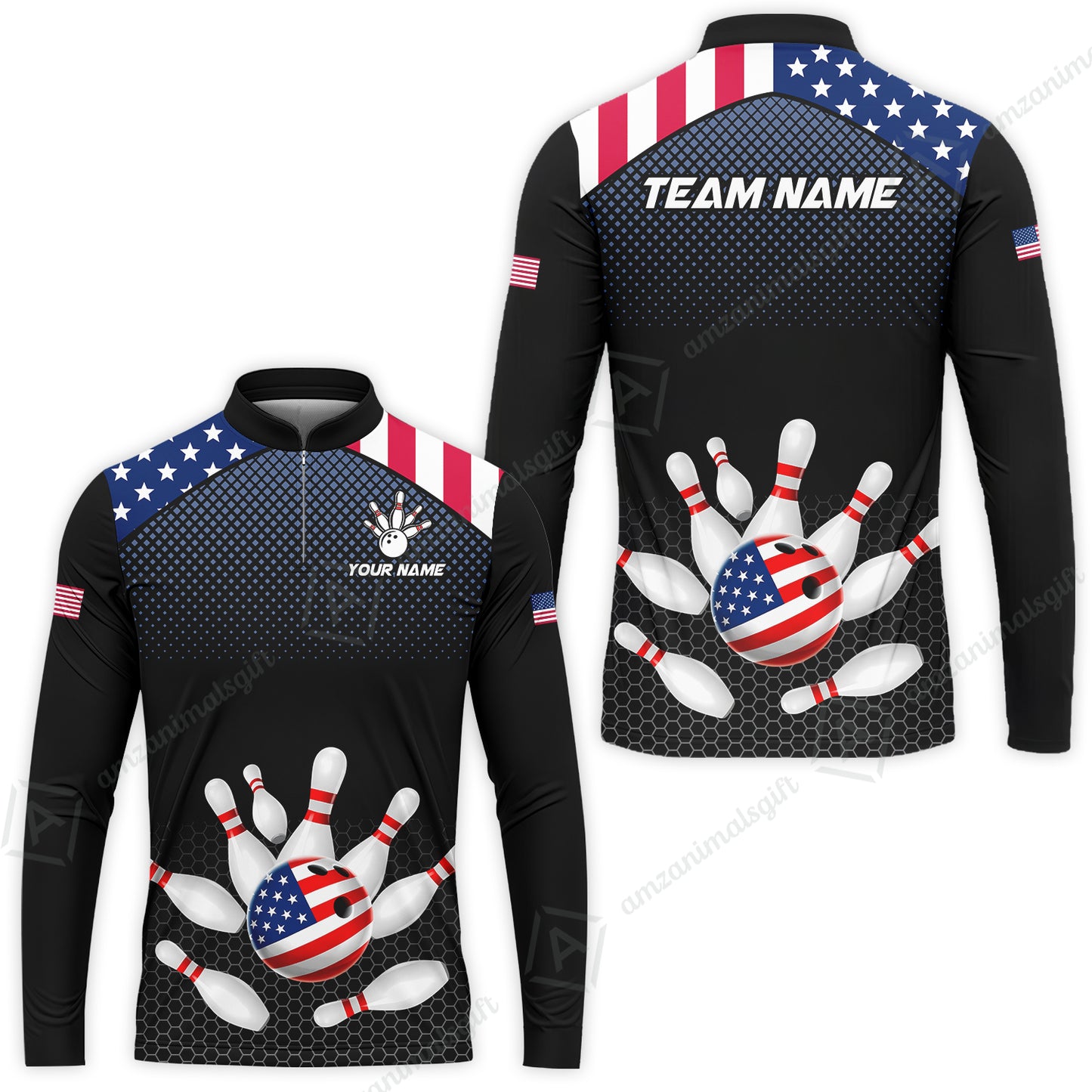 Custom Bowling Jersey Polo Shirt, Patriotic USA Flag Stars Stripes Tech Hexagon Pattern, Custom Bowling Jersey Team Shirt For Players With Name & Team Name
