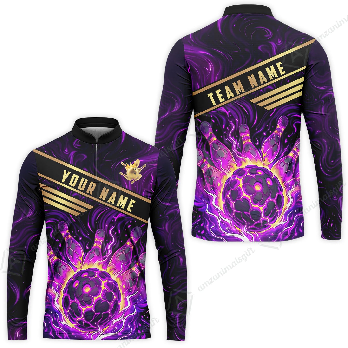 Custom Bowling Polo Shirt, Glowing Bowling Ball and Pins Custom Bowling Polo Team Shirt For Players With Name & Team Name