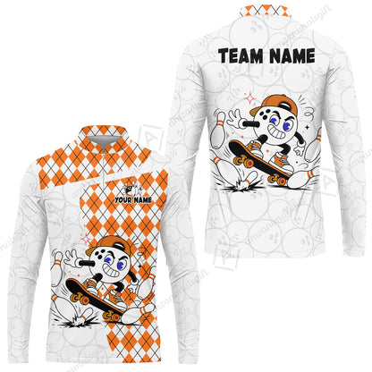 Custom Bowling Jersey Polo Shirt, Skateboarder Bowling Ball Mascot, Custom Bowling Jersey Team Shirt For Players With Name and Team Name