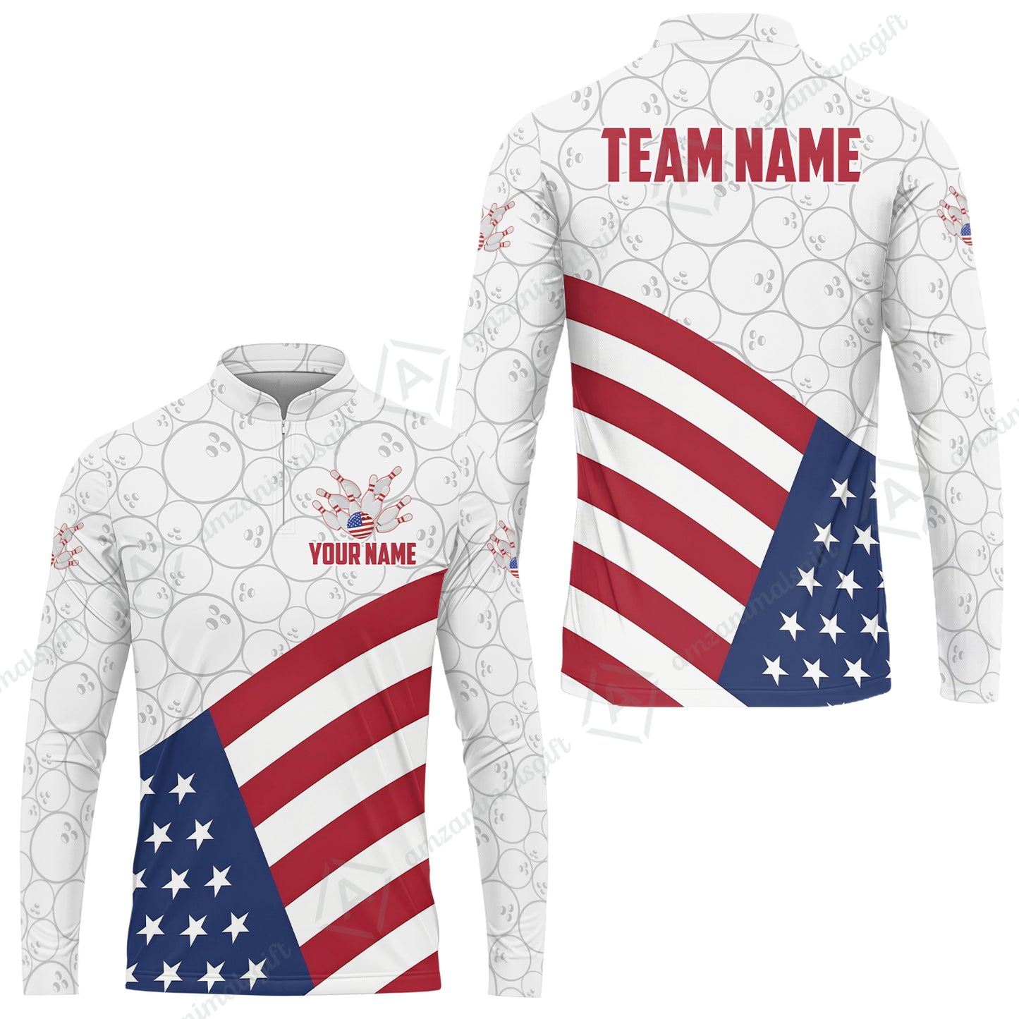 Custom Bowling Jersey Polo Shirt, Classic US Flag Diagonal Stars and Stripes, Custom Bowling Jersey Team Shirt For Players With Name and Team Name