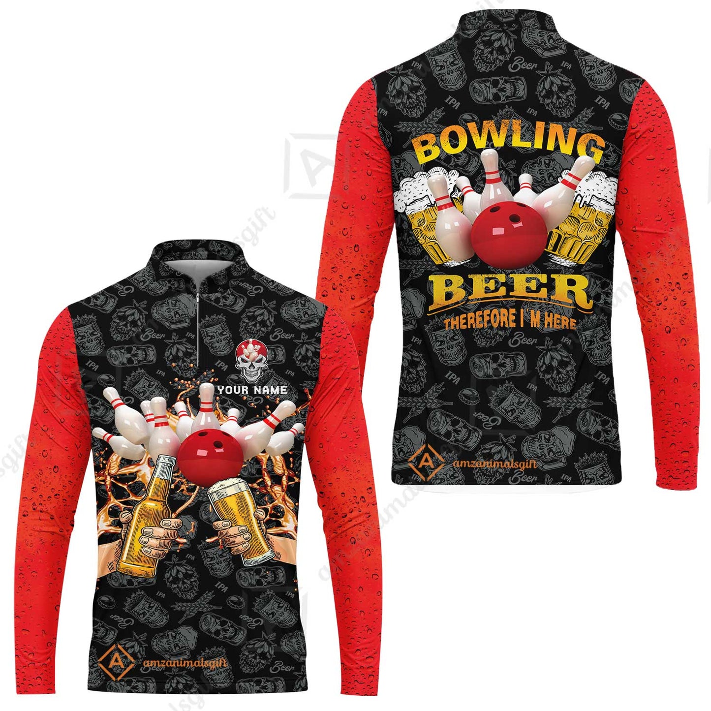 Bowling Long Polo Shirt Custom Name, Bowling and Beer Black Red Therefore I'm Here Personalized Long Polo Shirt