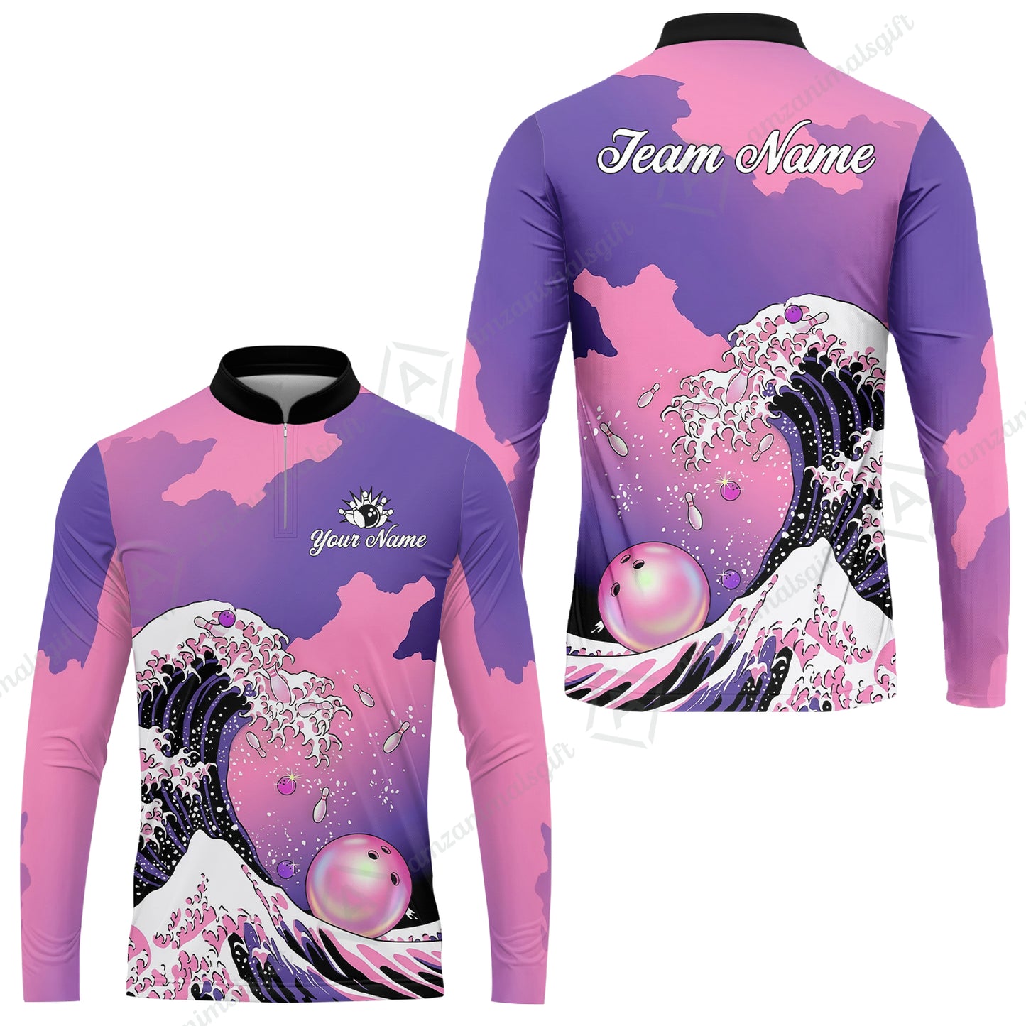 Custom Bowling Polo Shirt, Ocean Wave Bowling, Custom Bowling Polo Team Shirt For Players With Name & Team Name
