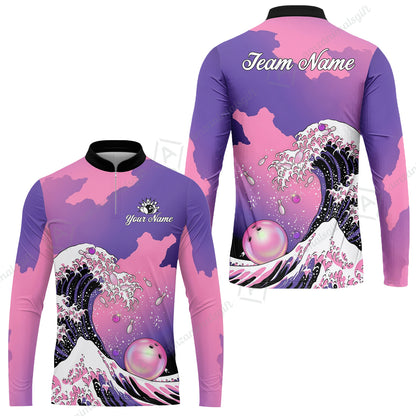 Custom Bowling Polo Shirt, Ocean Wave Bowling, Custom Bowling Polo Team Shirt For Players With Name & Team Name