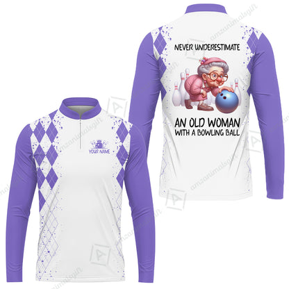 Custom Bowling Jersey Polo Shirt, Never Underestimate An Old Woman With A Bowling Ball, Personalized Name & Team Name
