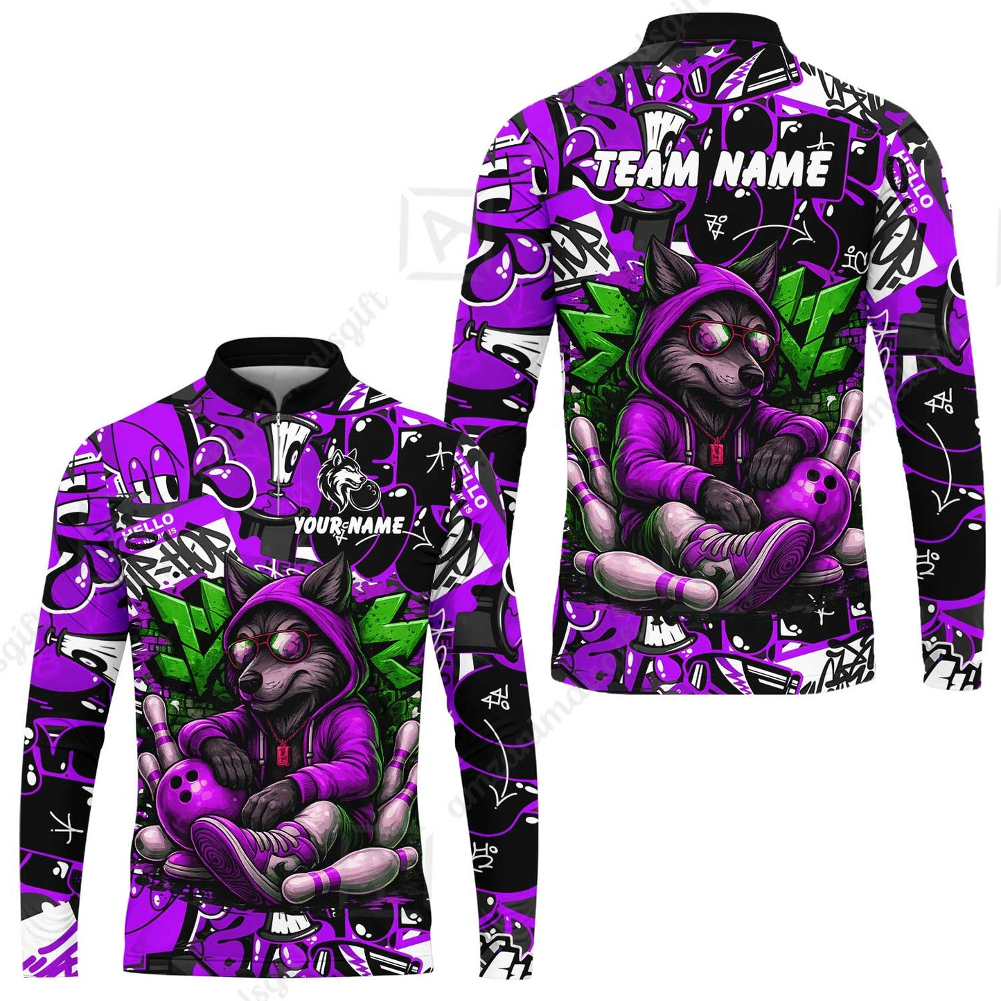 Custom Bowling Jersey Polo Shirt, Badass Wolf Mascot Bowling, Custom Bowling Jersey Team Shirt For Players With Name & Team Name