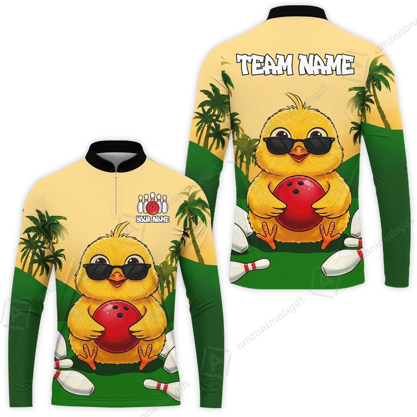 Custom Bowling Jersey Polo Shirt, Grass Landscape Chicken Bowling, Personalize Name and Team Name
