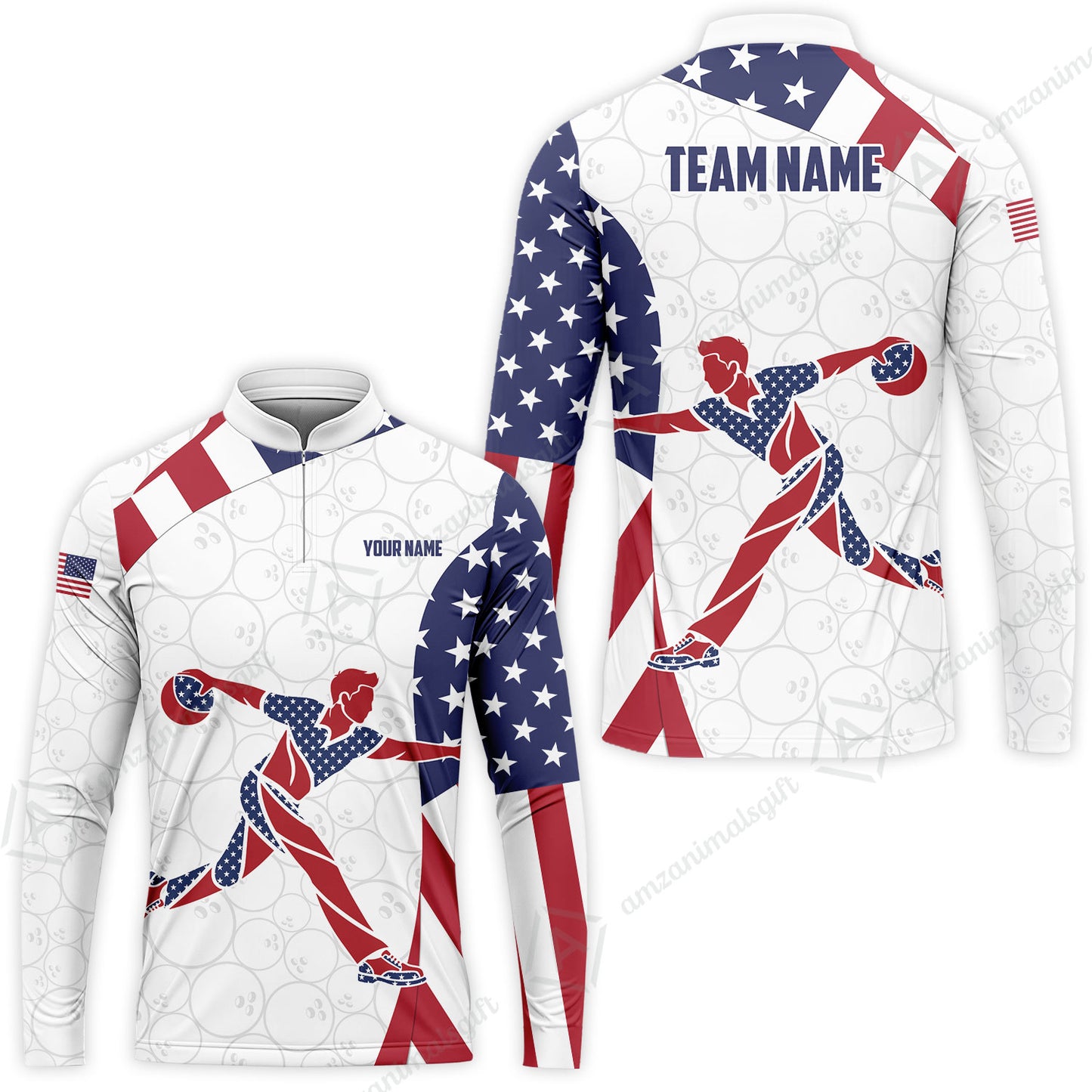 Custom Bowling Jersey Polo Shirt, Patriotic Bowler Silhouette Stars and Stripes, Custom Bowling Jersey Team Shirt For Players With Name and Team Name