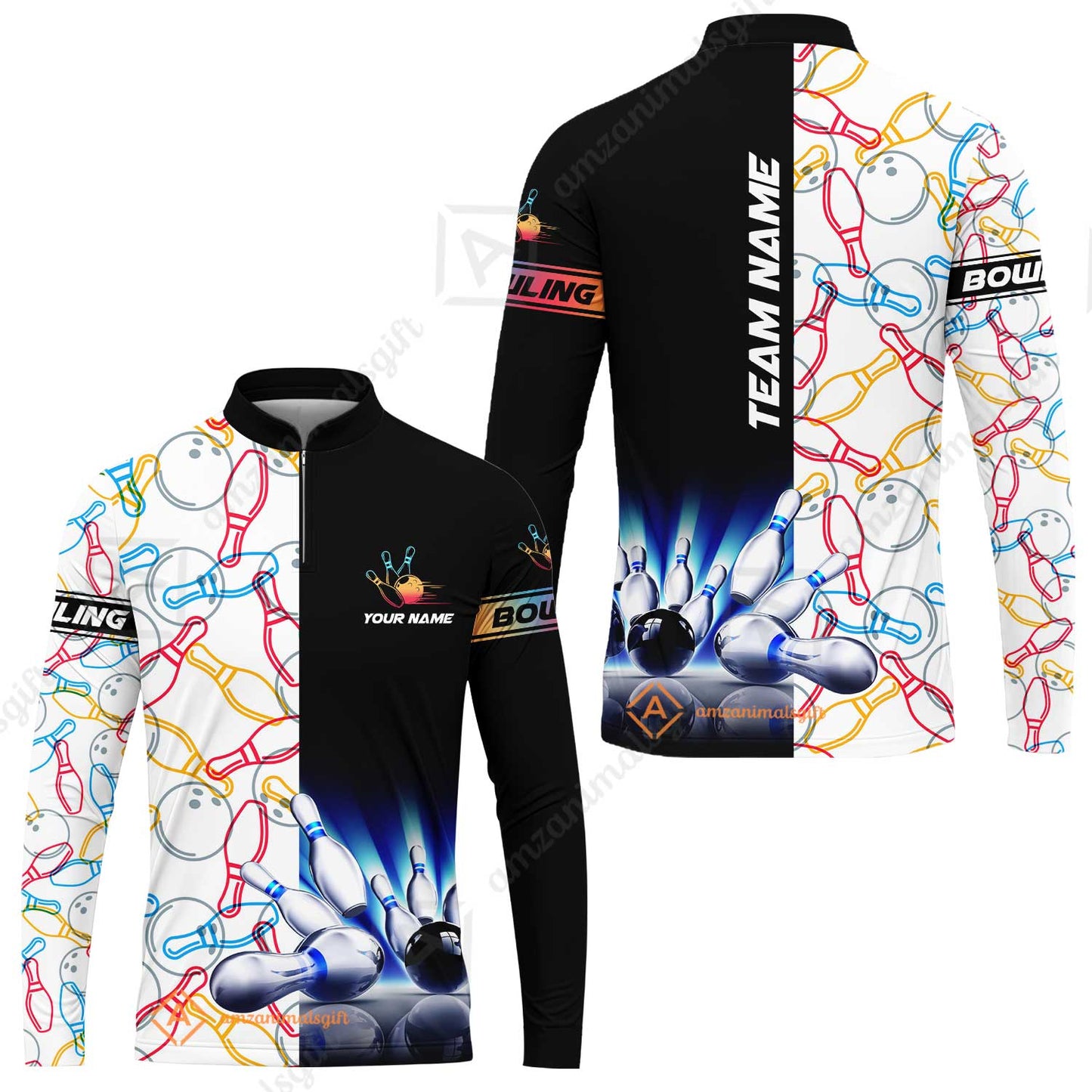 Custom Bowling Team Jersey, Light Bowling Polo Quarter-Zip Shirts, Bowling uniforms Ball & Pins Personalized Bowling Name And Team Name