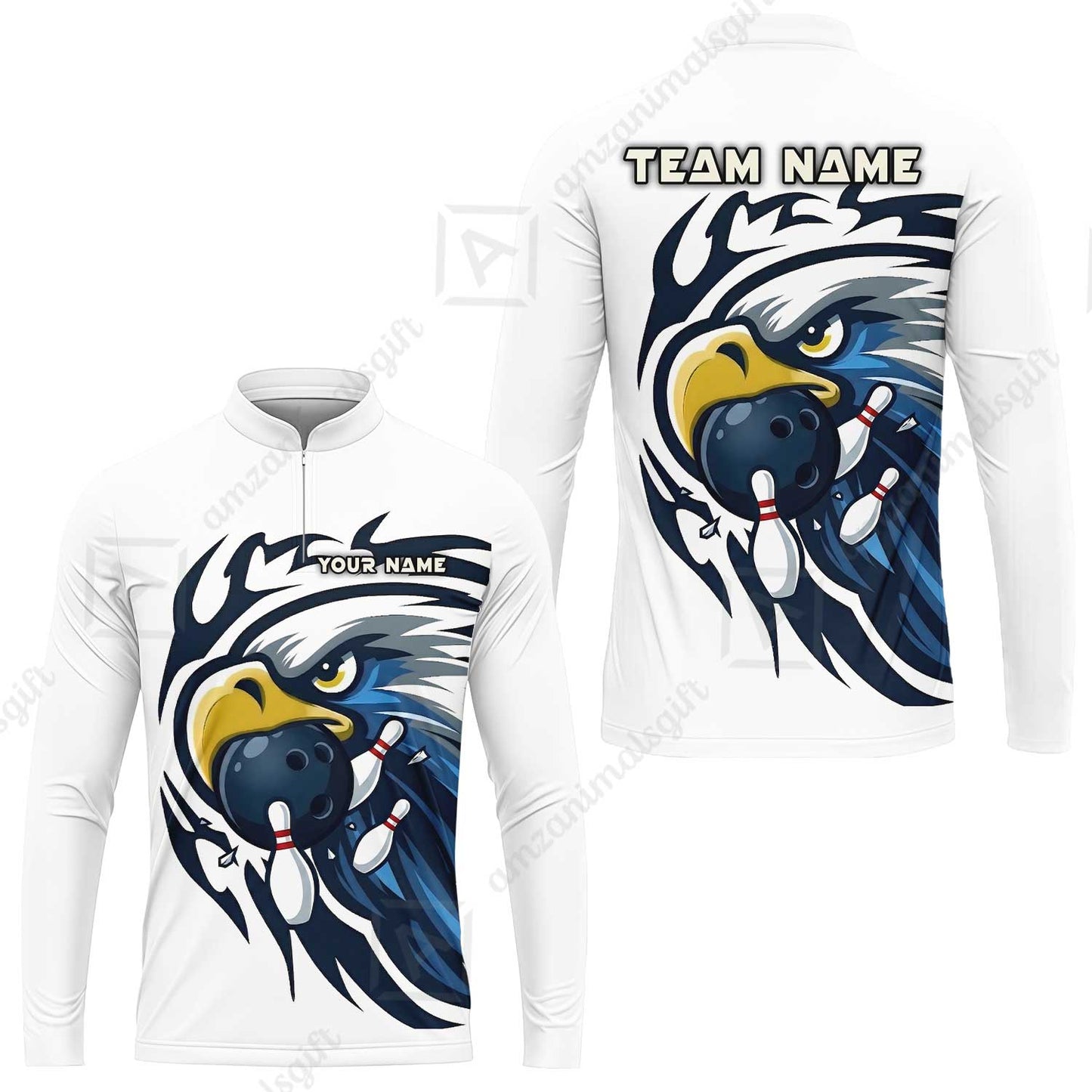 Custom Bowling Jersey Polo Shirt, Majestic Blue Eagle Mascot, Custom Bowling Jersey Team Shirt For Players With Name and Team Name