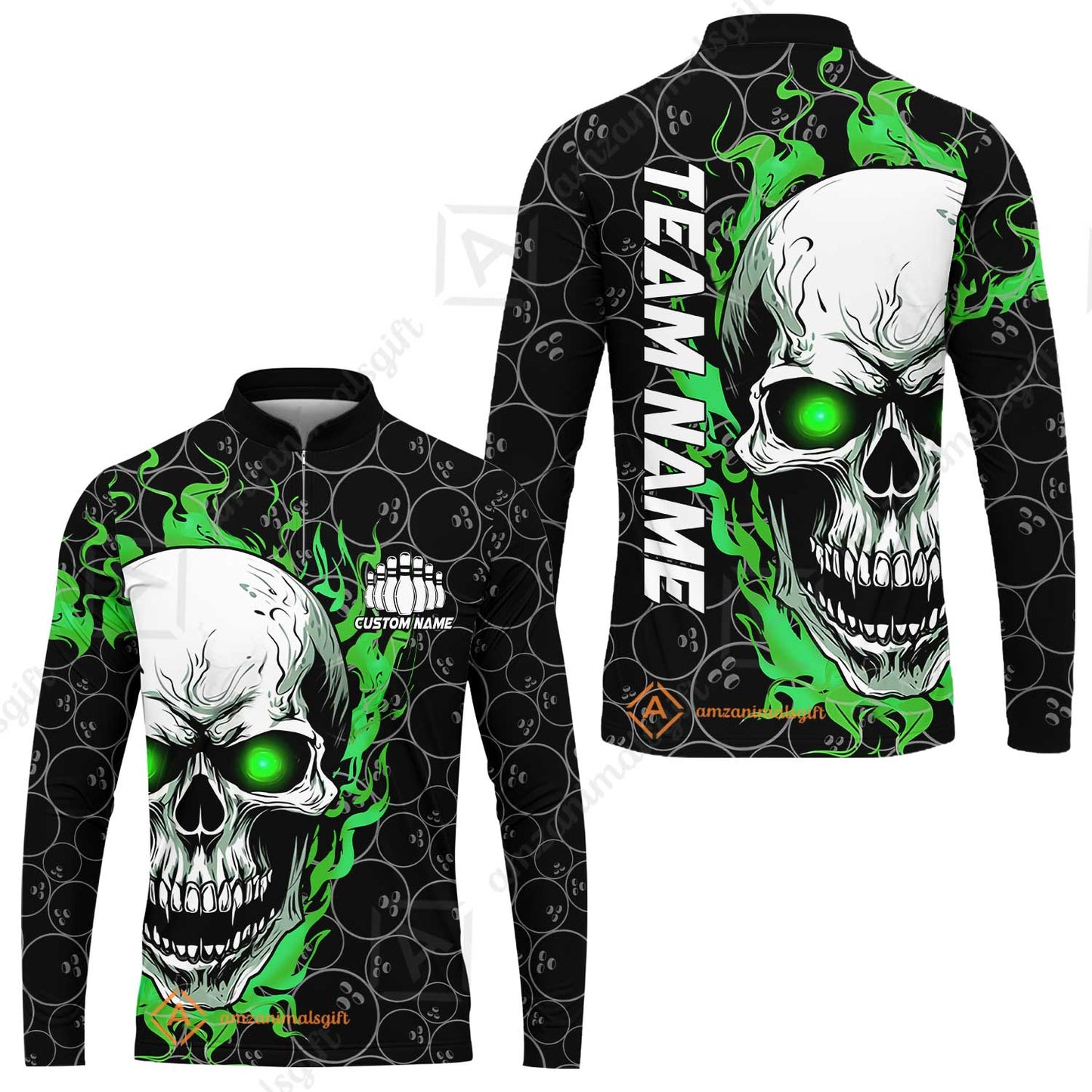 Personalized Bowling Unisex Polo Shirt, Green Flaming Skull Shirt For For Team Men Women Bowlers