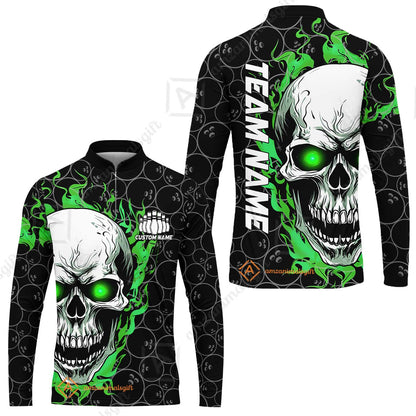 Personalized Bowling Unisex Polo Shirt, Green Flaming Skull Shirt For For Team Men Women Bowlers
