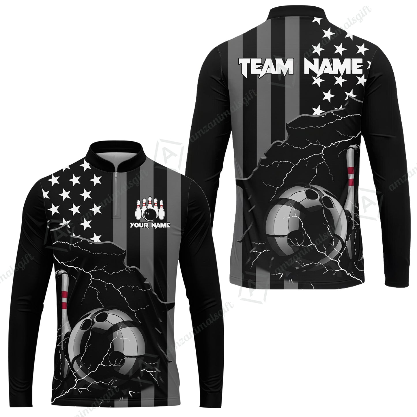 Custom Bowling Jersey Polo Shirt, Monochrome Lightning Flag Storm, Custom Bowling Jersey Team Shirt For Players With Name and Team Name