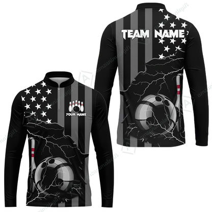 Custom Bowling Jersey Polo Shirt, Monochrome Lightning Flag Storm, Custom Bowling Jersey Team Shirt For Players With Name and Team Name