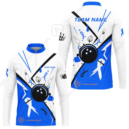 Custom Bowling Team Uniform Shirts, Bowling Ball Strike Pins And Blue Ribbon Shirt, Personalized Team & Player Jersey